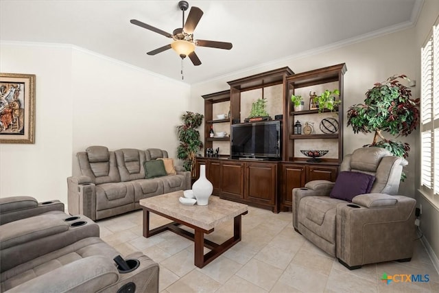 9550 Savannah Ridge Dr Unit 11, Austin, TX 78726 - living area with a ceiling fan, ornamental molding, and light tile patterned flooring