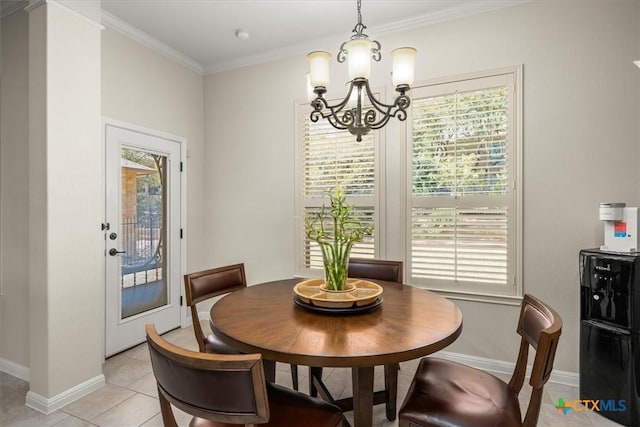 9550 Savannah Ridge Dr Unit 11, Austin, TX 78726 - dining room with a chandelier, baseboards, plenty of natural light, crown molding, and light tile patterned floors