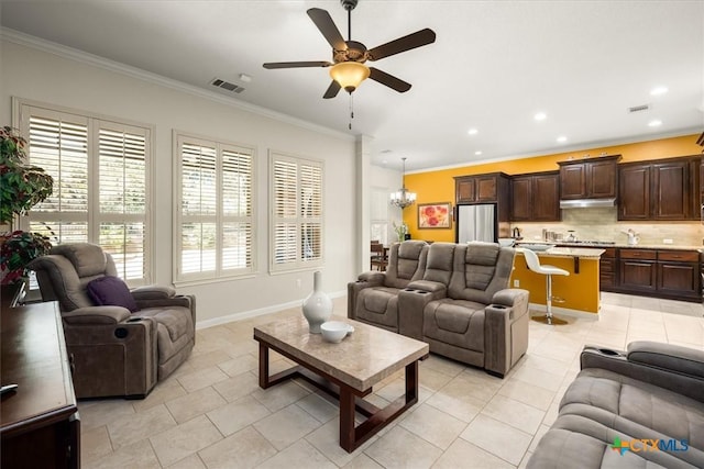 9550 Savannah Ridge Dr Unit 11, Austin, TX 78726 - living area featuring ornamental molding, a chandelier, light tile patterned flooring, a ceiling fan, and recessed lighting