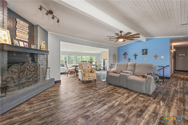 1215 Amanda, Canyon Lake, TX 78133 - living area featuring wood finished floors, a fireplace, baseboards, a ceiling fan, and wood ceiling