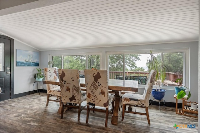 1215 Amanda, Canyon Lake, TX 78133 - dining space featuring healthy amount of natural light, wood finished floors, vaulted ceiling, wood ceiling, and ornamental molding