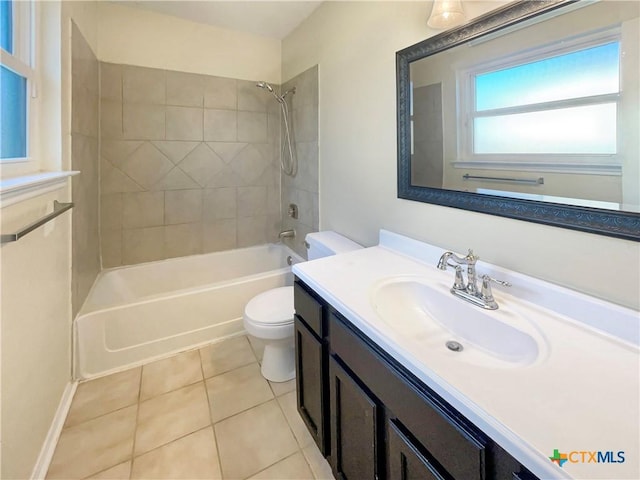 full bathroom featuring tile patterned flooring, vanity, toilet, and tiled shower / bath