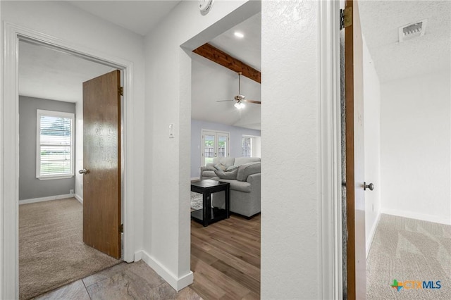 8704 Trailridge Dr, Temple, TX 76502 - hallway featuring healthy amount of natural light, carpet flooring, and beam ceiling