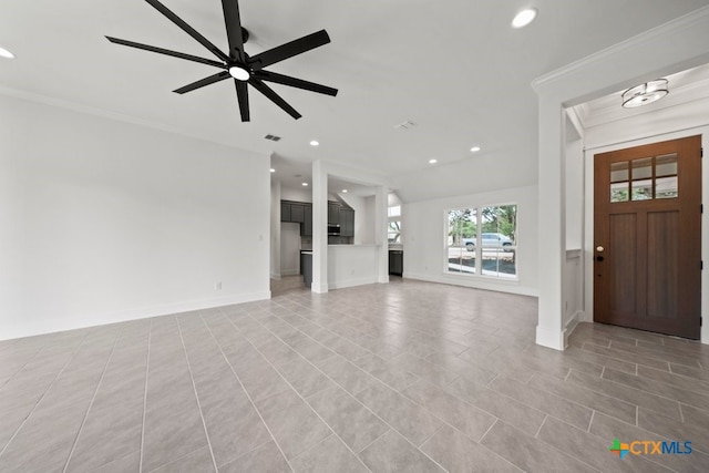 unfurnished living room featuring ceiling fan, crown molding, and light tile patterned flooring