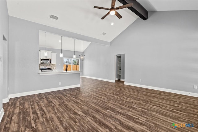 unfurnished living room featuring dark wood-style floors, beam ceiling, visible vents, a ceiling fan, and baseboards