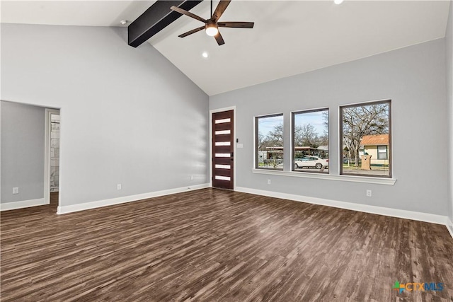 unfurnished living room with beam ceiling, dark wood finished floors, a ceiling fan, high vaulted ceiling, and baseboards