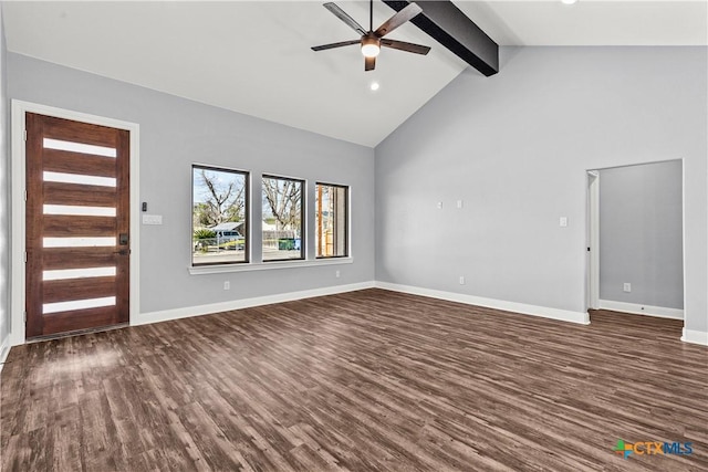 entrance foyer featuring baseboards, dark wood-style flooring, and beam ceiling