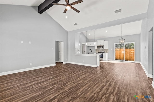 unfurnished living room featuring ceiling fan with notable chandelier, a sink, visible vents, baseboards, and dark wood-style floors