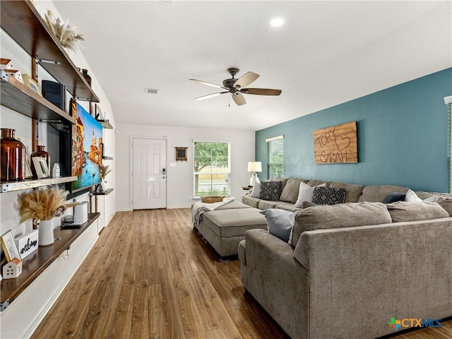 2416 Kolton St, New Braunfels, TX 78130 - living room featuring a ceiling fan and wood finished floors