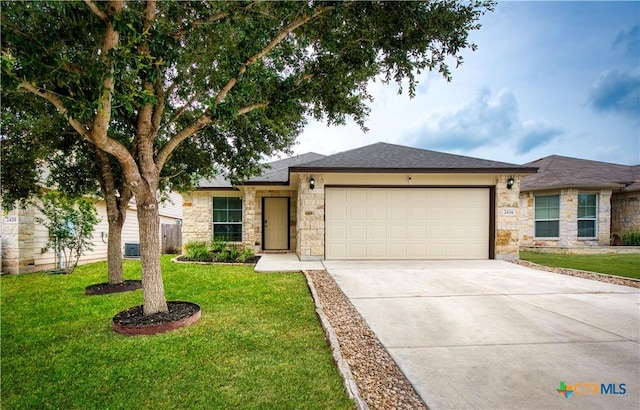 2416 Kolton St, New Braunfels, TX 78130 - single story home featuring an attached garage, stone siding, concrete driveway, and a front lawn