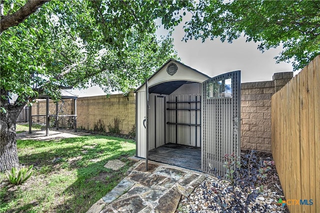 1900 Rutherford Dr, Leander, TX 78641 - view of shed with a fenced backyard and a gazebo