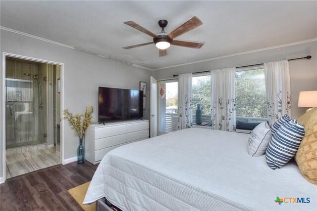 bedroom featuring ceiling fan, dark hardwood / wood-style floors, ensuite bathroom, access to outside, and ornamental molding