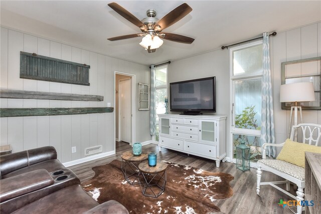 living room with plenty of natural light, ceiling fan, and dark hardwood / wood-style flooring