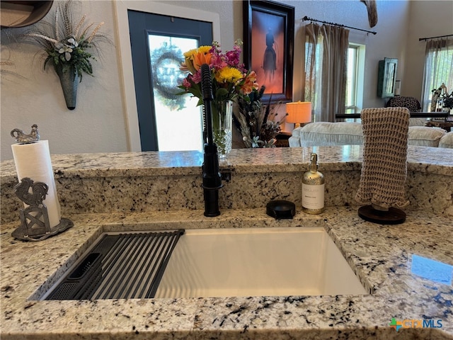 interior details featuring a textured wall and a sink