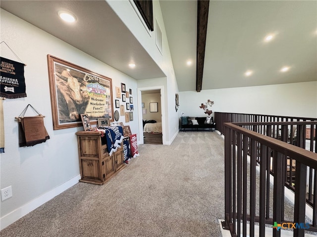 hall featuring recessed lighting, carpet, baseboards, and beam ceiling