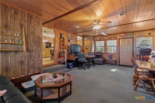 134 Daisy Ln, Whitney, TX 76692 - living room featuring wood walls, wood ceiling, ceiling fan, carpet, and a desk