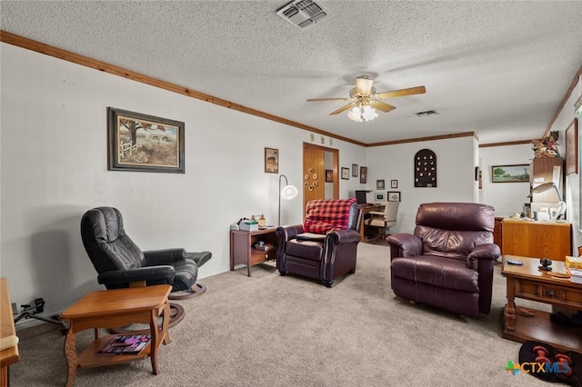 134 Daisy Ln, Whitney, TX 76692 - living area featuring a ceiling fan, crown molding, light colored carpet, and a textured ceiling