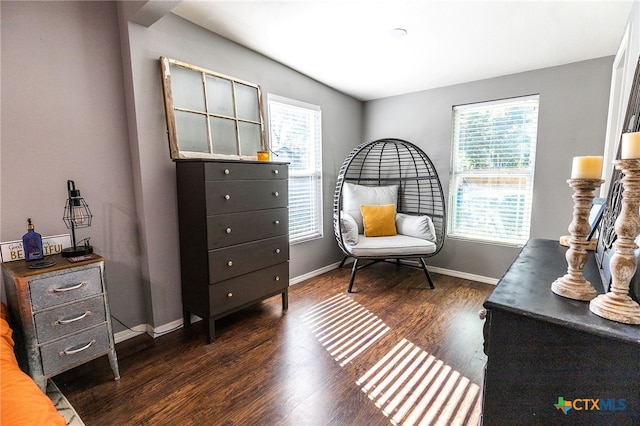 living area with dark wood-type flooring and a wealth of natural light