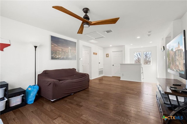 interior space featuring visible vents, a ceiling fan, recessed lighting, wood-type flooring, and attic access