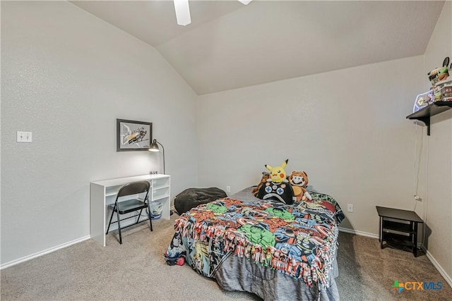 carpeted bedroom featuring baseboards, ceiling fan, and lofted ceiling