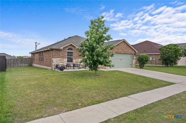 ranch-style house featuring concrete driveway, a garage, brick siding, roof with shingles, and stone siding