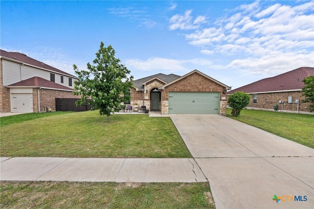 view of front of home with a garage, concrete driveway, and stone siding