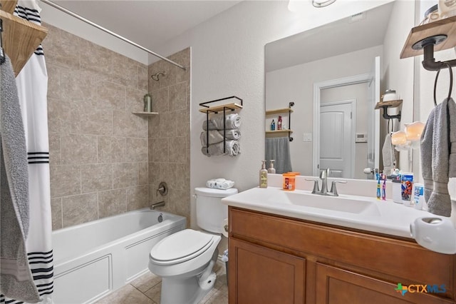 bathroom with toilet, shower / bath combination with curtain, tile patterned flooring, and vanity