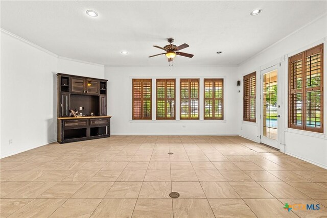 803 S Converse St, Flatonia, TX 78941 - unfurnished living room with a ceiling fan, recessed lighting, and ornamental molding