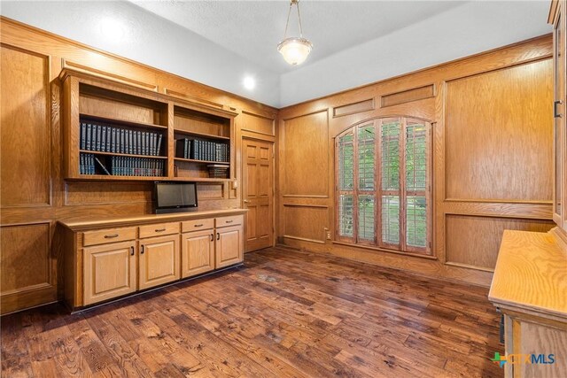803 S Converse St, Flatonia, TX 78941 - unfurnished office featuring dark wood-style floors and wood walls