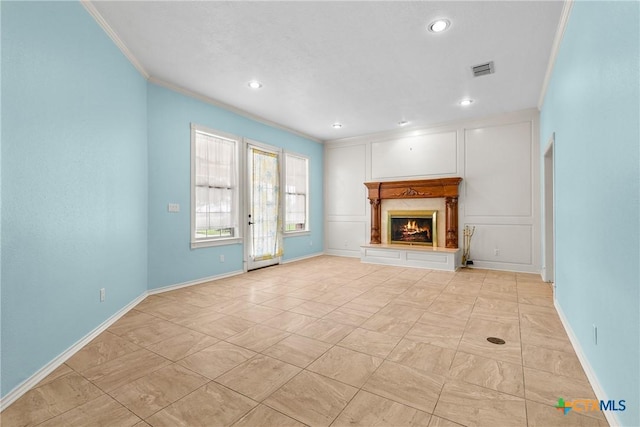 803 S Converse St, Flatonia, TX 78941 - unfurnished living room with ornamental molding, recessed lighting, and a fireplace