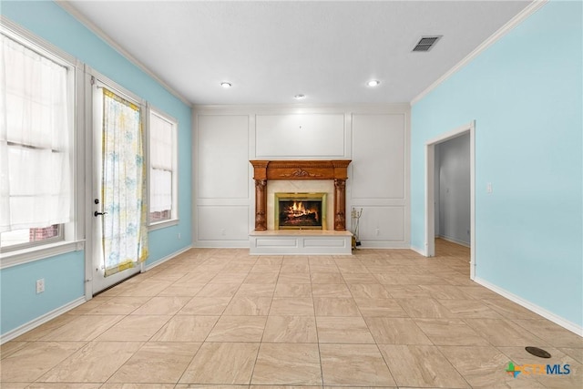 803 S Converse St, Flatonia, TX 78941 - unfurnished living room with crown molding, a fireplace, and recessed lighting