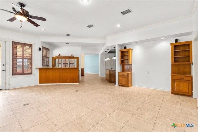 803 S Converse St, Flatonia, TX 78941 - unfurnished living room featuring ceiling fan, ornamental molding, and recessed lighting