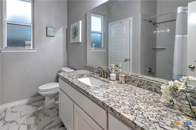 7808 Mcculloch Rd, Temple, TX 76502 - full bathroom featuring toilet, marble look tiles, vanity, a textured wall, and baseboards