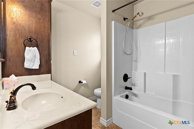 full bathroom with toilet, shower / bathing tub combination, vanity, and tile patterned floors