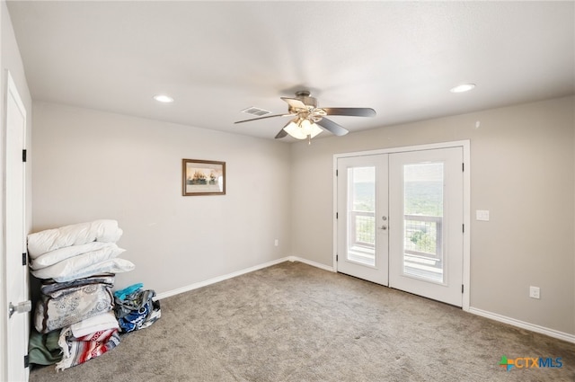 924 Kindersley St, Canyon Lake, TX 78133 - unfurnished room with french doors, carpet flooring, a ceiling fan, recessed lighting, and baseboards