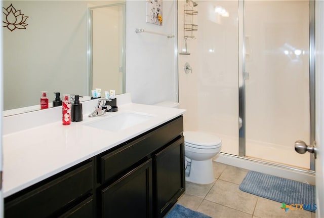 8915 Stonehollow Dr, Temple, TX 76502 - full bathroom featuring a stall shower, vanity, tile patterned flooring, and toilet