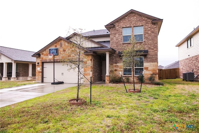 8915 Stonehollow Dr, Temple, TX 76502 - view of front facade with stone siding, concrete driveway, an attached garage, and cooling unit