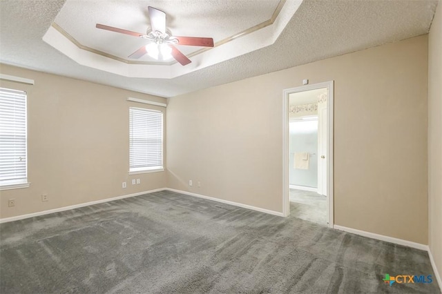 carpeted empty room with a textured ceiling, baseboards, a raised ceiling, and a healthy amount of sunlight