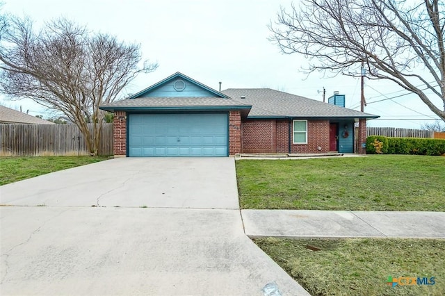 ranch-style house with driveway, an attached garage, fence, a front lawn, and brick siding