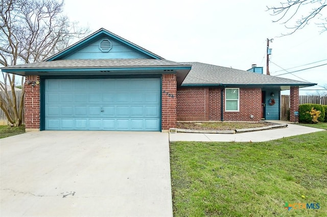 ranch-style house featuring roof with shingles, brick siding, fence, a garage, and driveway