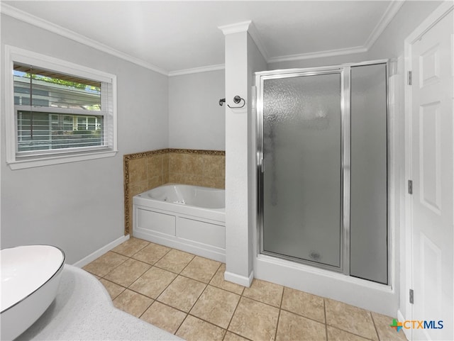 bathroom featuring tile patterned flooring, toilet, separate shower and tub, and crown molding