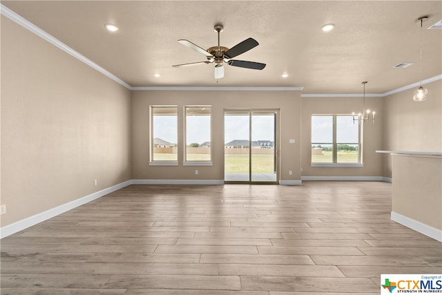 unfurnished living room featuring light hardwood / wood-style floors, ceiling fan with notable chandelier, and crown molding