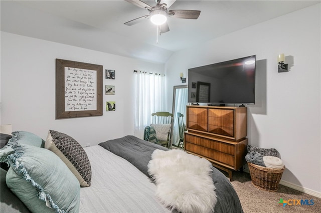 312 Ow Lowrey Dr, Salado, TX 76571 - carpeted bedroom with vaulted ceiling, baseboards, and a ceiling fan
