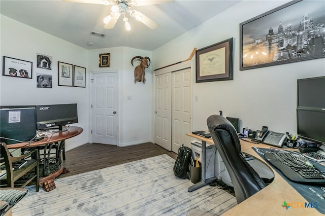 312 Ow Lowrey Dr, Salado, TX 76571 - office area featuring wood finished floors, ceiling fan, and baseboards