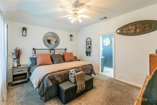 312 Ow Lowrey Dr, Salado, TX 76571 - carpeted bedroom featuring baseboards, ceiling fan, vaulted ceiling, and ensuite bath