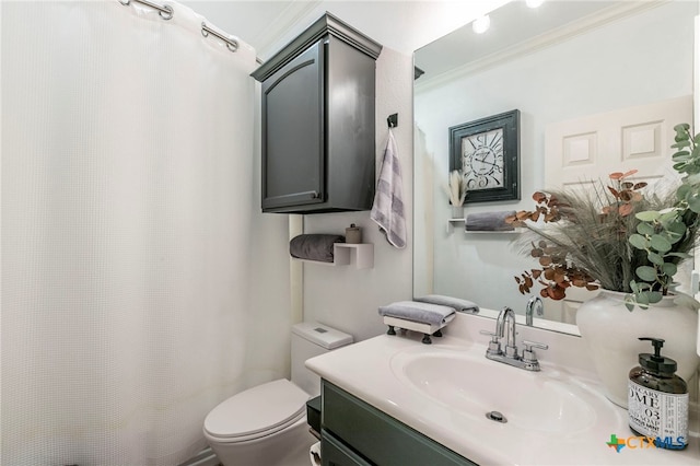 312 Ow Lowrey Dr, Salado, TX 76571 - bathroom featuring vanity, toilet, crown molding, and a shower with curtain