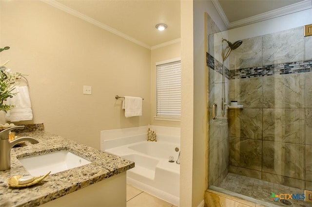 512 Gazelle Trl, Harker Heights, TX 76548 - full bathroom featuring a shower stall, a bath, double vanity, tile patterned floors, and crown molding