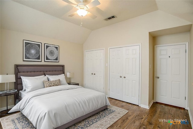 512 Gazelle Trl, Harker Heights, TX 76548 - bedroom with two closets, vaulted ceiling, wood finished floors, and a ceiling fan