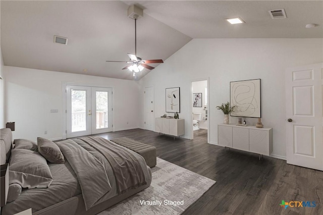 bedroom with dark wood-style floors, access to exterior, visible vents, and french doors