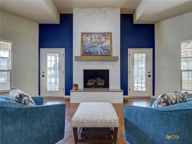 living room with a large fireplace